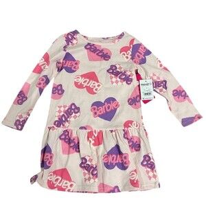 Barbie Dress Girls Size 3T Pink Long Sleeve Drop Waist Heart Logo Print